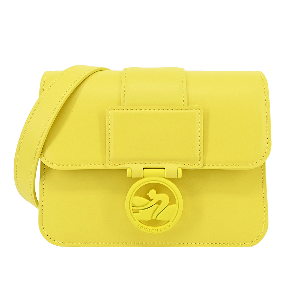 Longchamp BOX-TROT系列小牛皮同色LOGO翻蓋斜背包(小/檸檬黃)