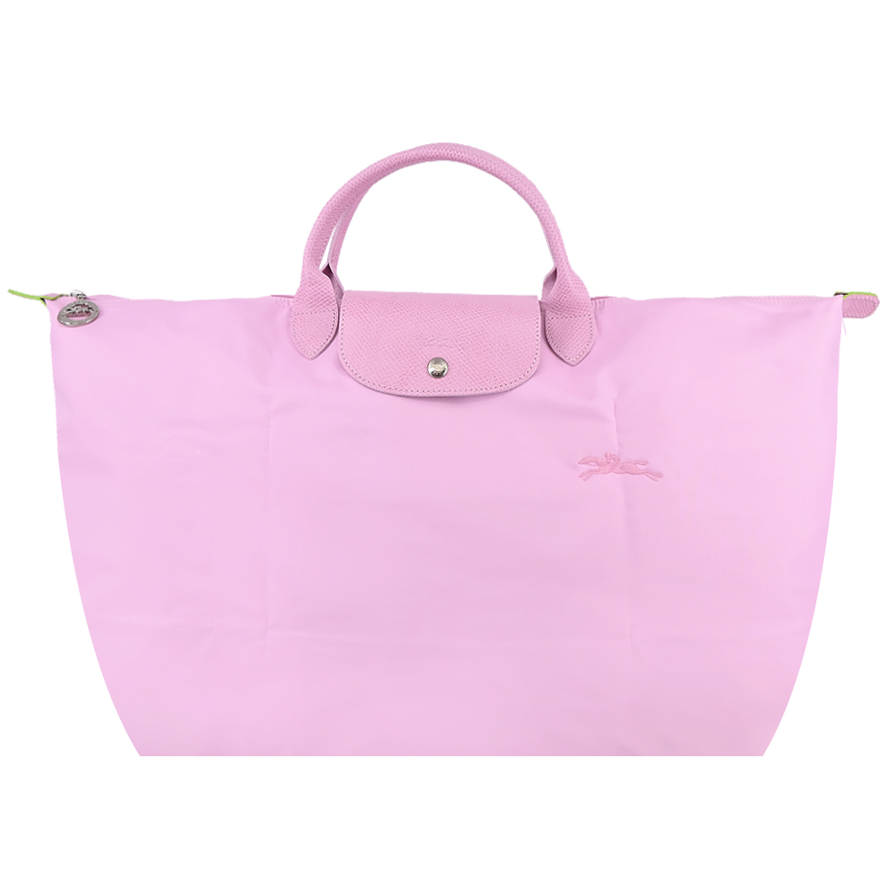Longchamp LE PLIAGE GREEN系列刺繡短把再生尼龍摺疊旅行袋(大/粉紅)