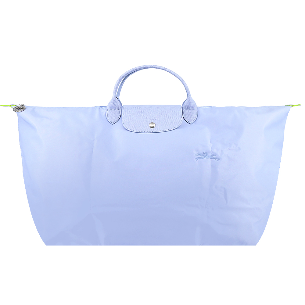 Longchamp LE PLIAGE GREEN系列刺繡短把再生尼龍摺疊旅行袋(特大/天澄)