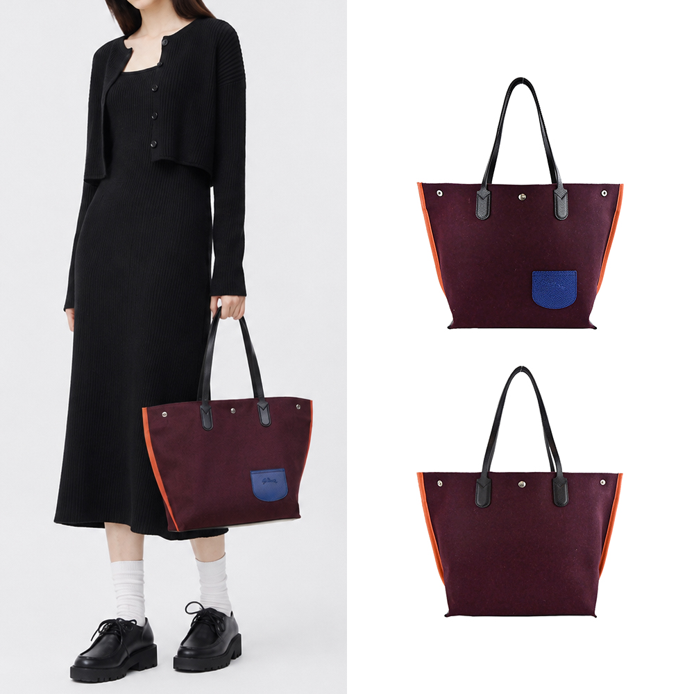 Longchamp ESSENTIAL系列羊毛拼接帆布撞色前口袋肩背包(大/酒紅)