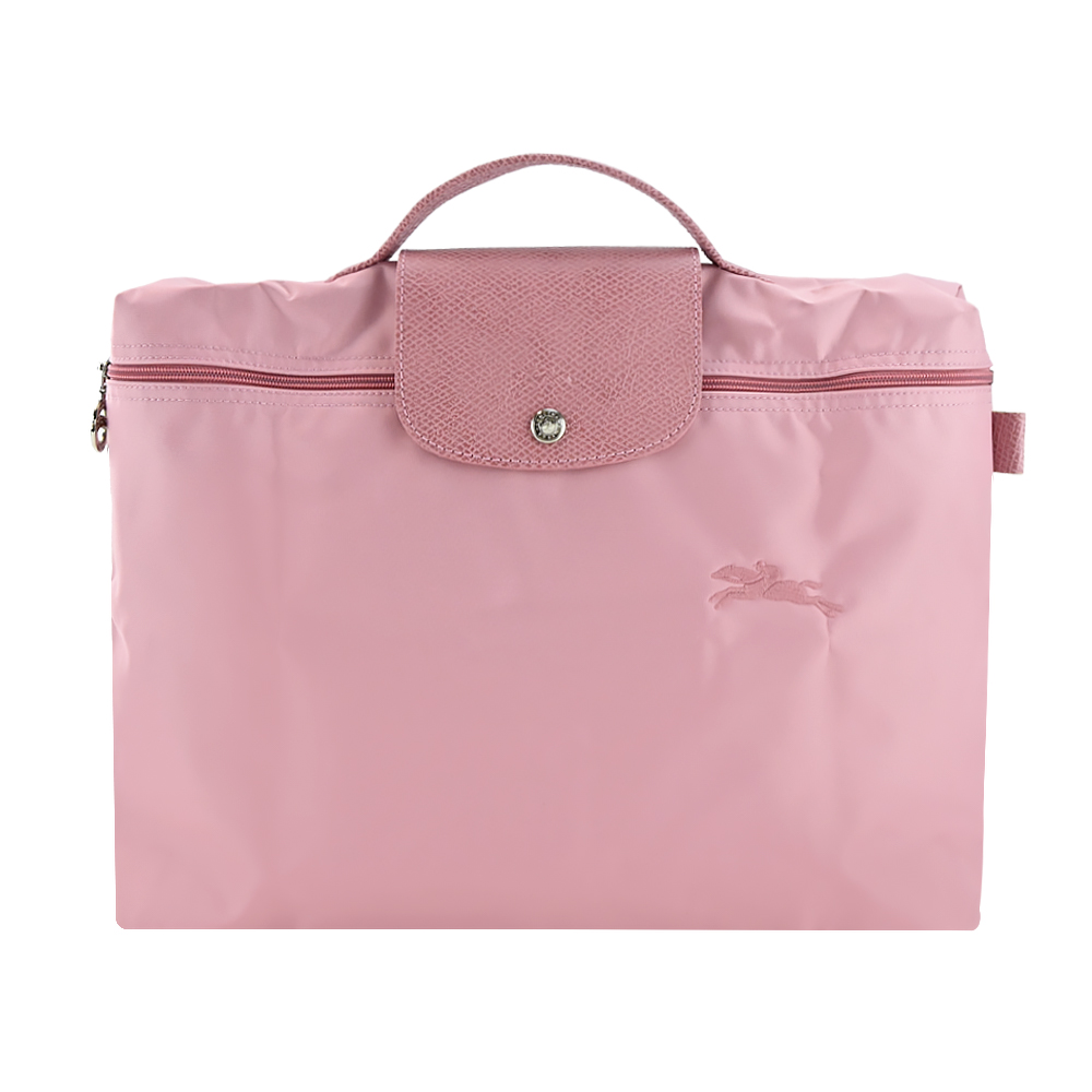 Longchamp LE PLIAGE GREEN系列刺繡再生尼龍摺疊公事包(花瓣粉)
