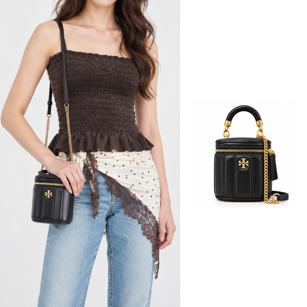 TORY BURCH KIRA 納帕皮革絎縫兩用化妝/斜背包(迷你/黑)