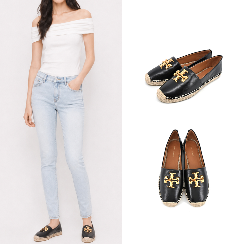 TORY BURCH ELEANOR 金字LOGO牛皮草編平底鞋-黑