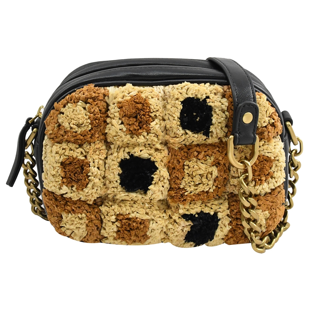 TORY BURCH KIRA 撞色草編拼皮斜背相機包.黑邊