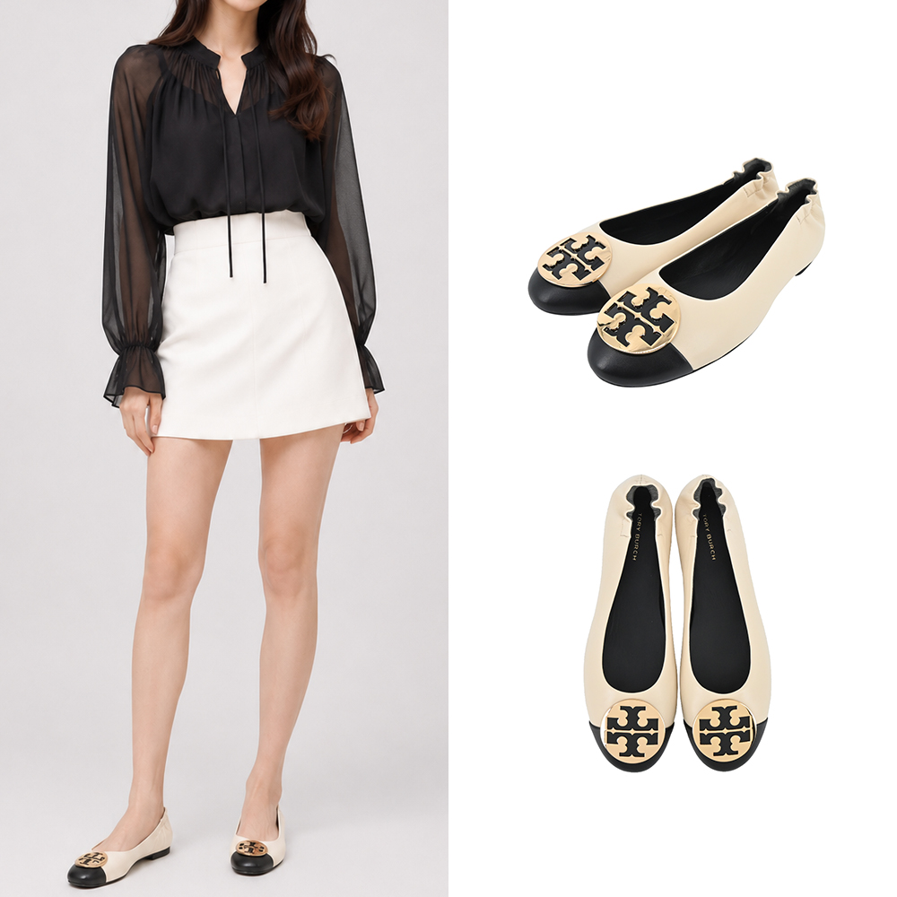 TORY BURCH CLAIRE 皮革LOGO拼色芭蕾平底鞋-黑白