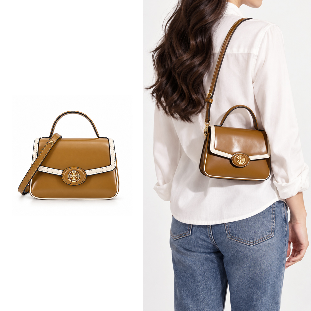 TORY BURCH 牛皮撞色翻蓋手提/斜背兩用包-小/棕/白