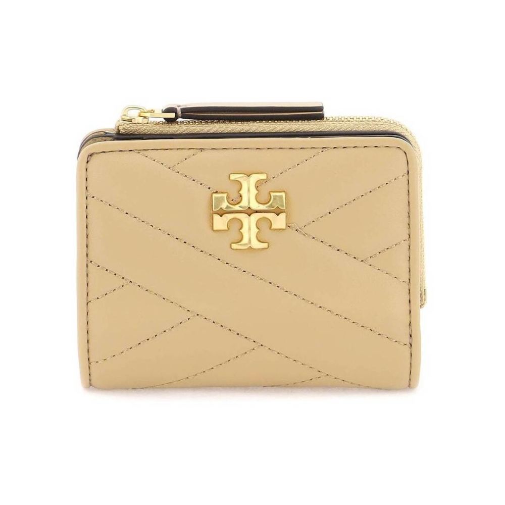 TORY BURCH Kira 縫線設計金屬LOGO暗釦拉鍊零錢袋短夾(沙漠色)