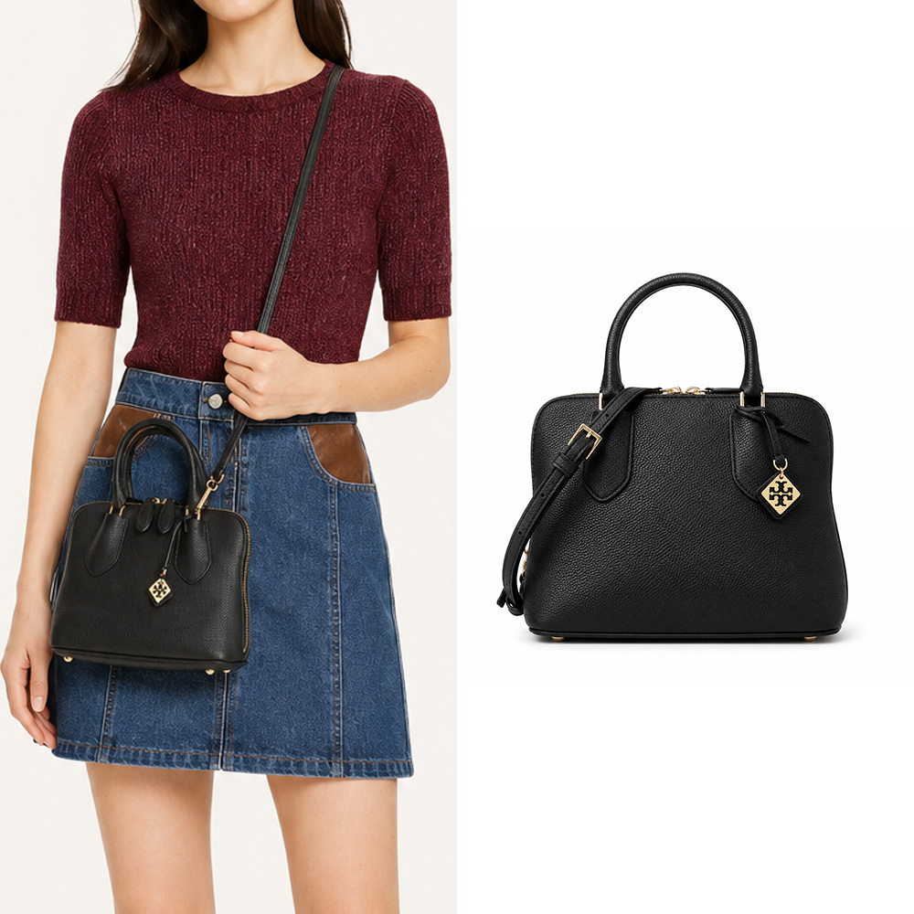 TORY BURCH SWING 荔枝紋拉鍊手提/斜背包-迷你/黑