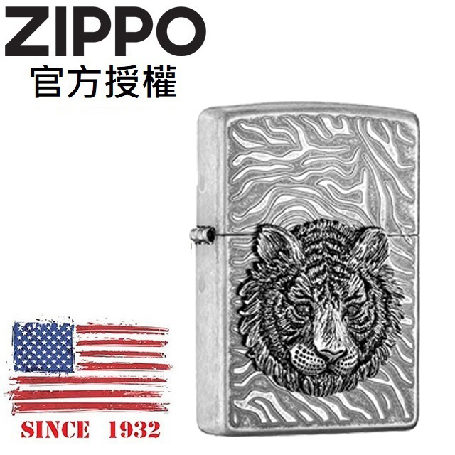 Zippo 【官方授權店】TIGER EYE EMBLEM 鑽眼灰銀之虎防風打火機