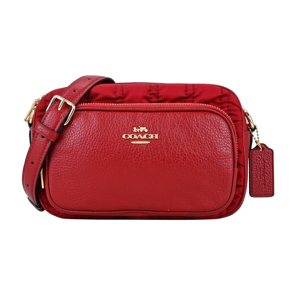 COACH 蔻馳 經典馬車LOGO皺褶尼龍X皮革雙層拉鍊斜背包(復古紅)