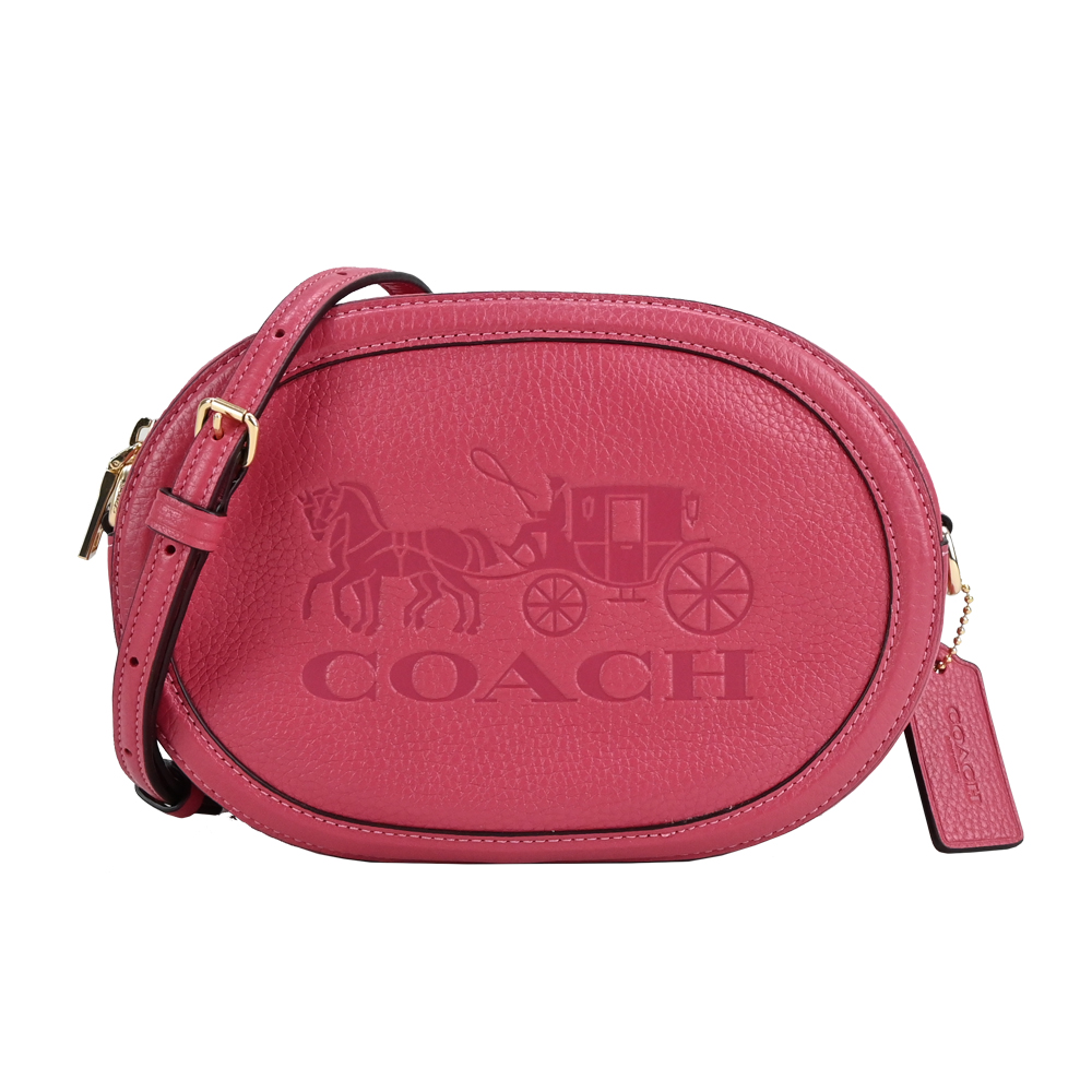 COACH 蔻馳 馬車壓印荔枝紋牛皮斜背相機包(草莓粉)
