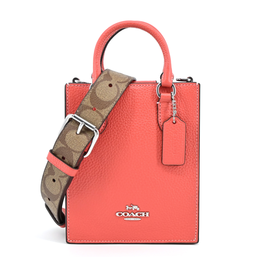 COACH 蔻馳 COACH 馬車logo皮革手提/斜背琴譜包(logo背帶/粉橘)