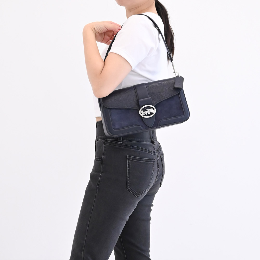 COACH 蔻馳 馬車LOGO皮革絨布拼接兩用酒神包.深藍