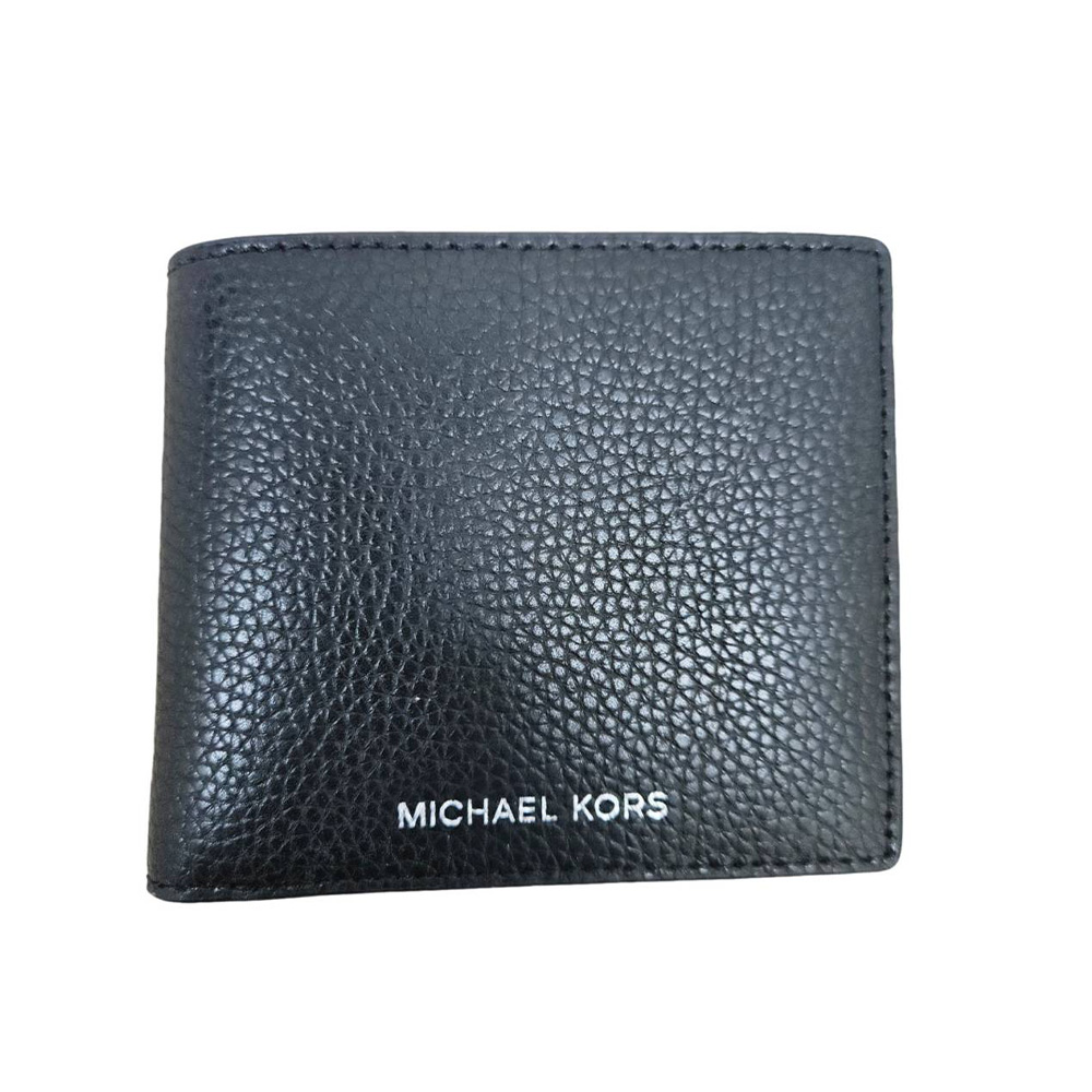 Michael Kors MK 男款 燙銀荔枝紋零錢袋真皮對開短夾(黑色/贈原廠紙袋紙盒)