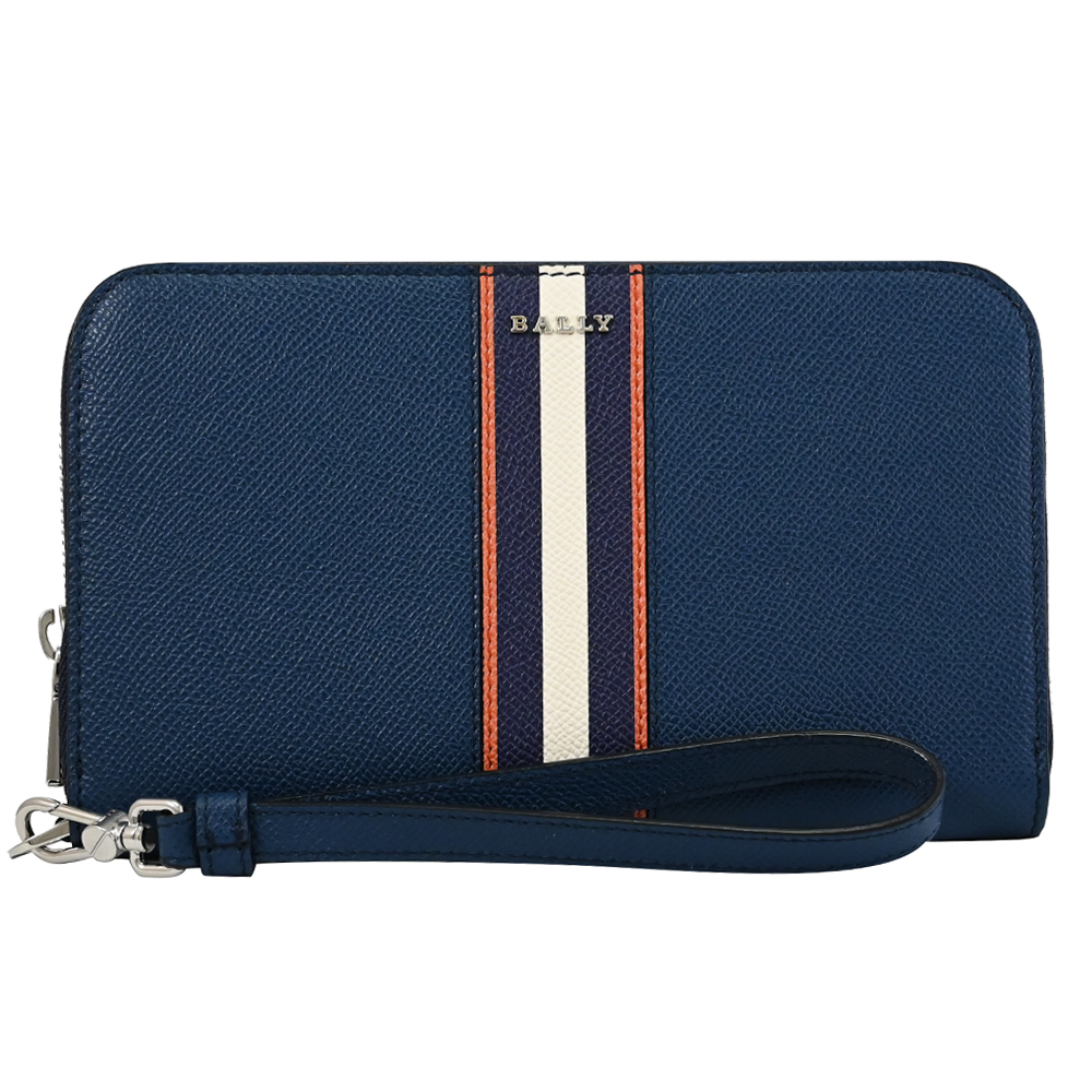 BALLY BLASS 金屬LOGO條紋牛皮拉鍊寬版長夾/手拿包.藍
