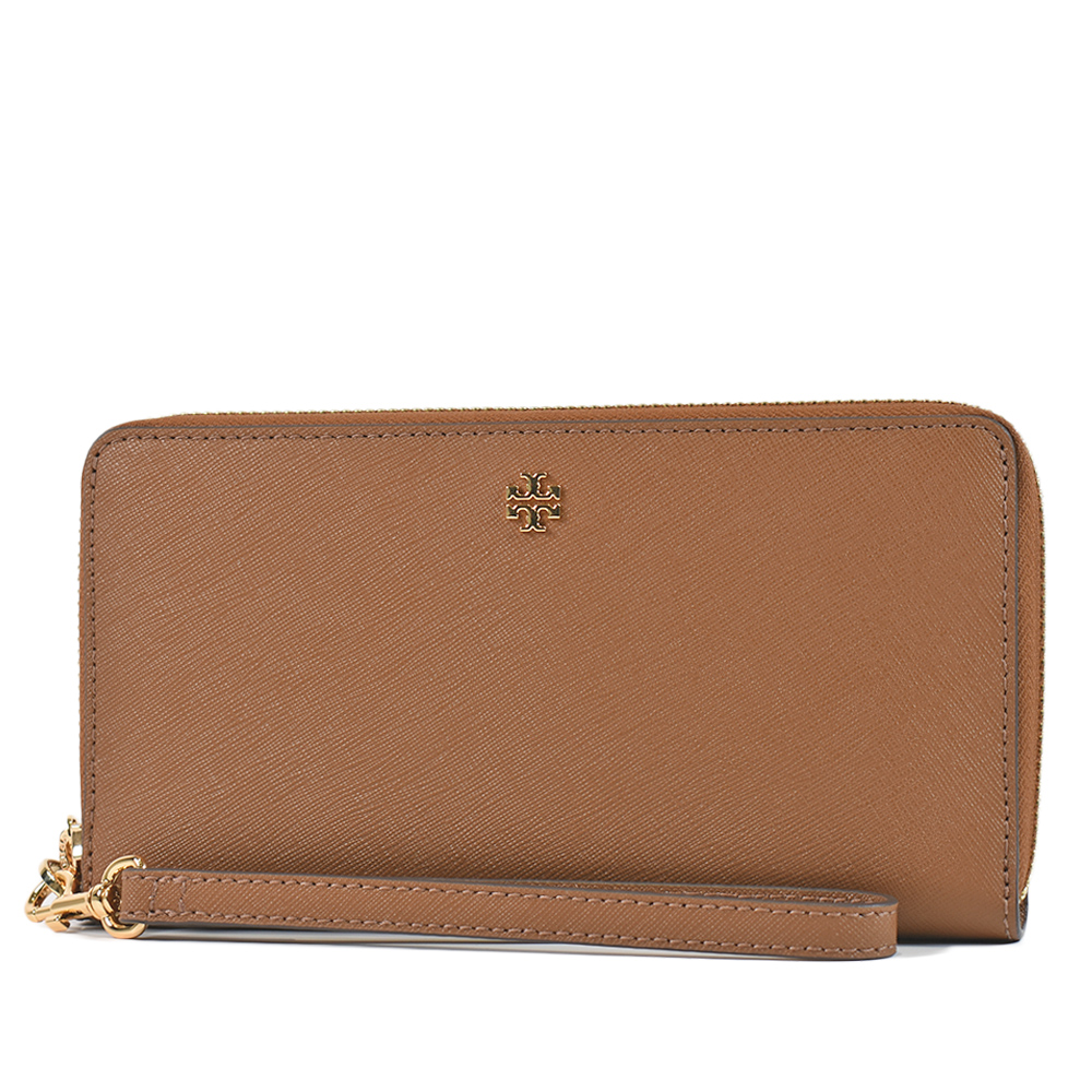 TORY BURCH EMERSON 十字紋防刮全開拉鍊手掛長夾-焦糖色