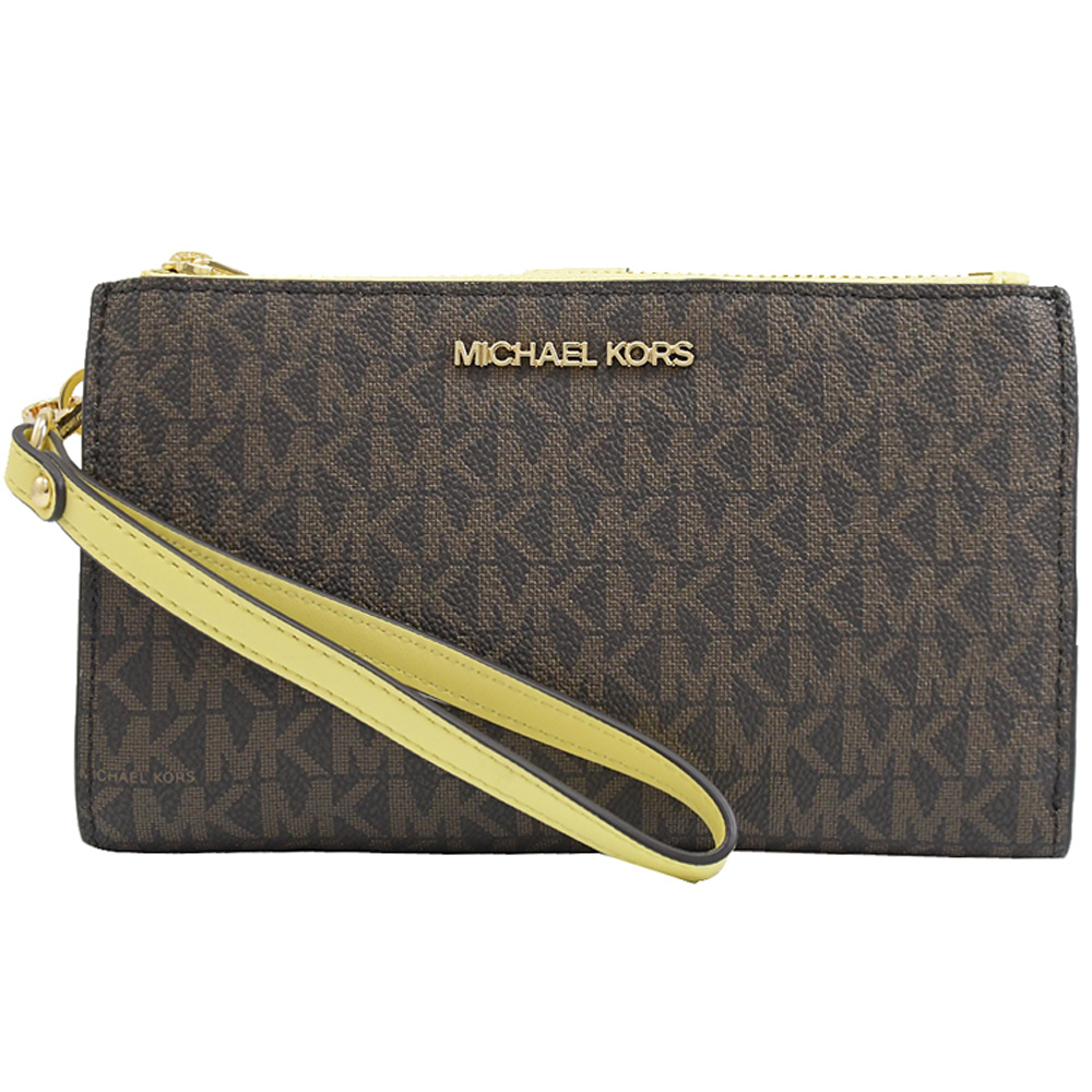 Michael Kors Jet Set Travel PVC手提式雙拉鍊中長夾.咖/黃邊