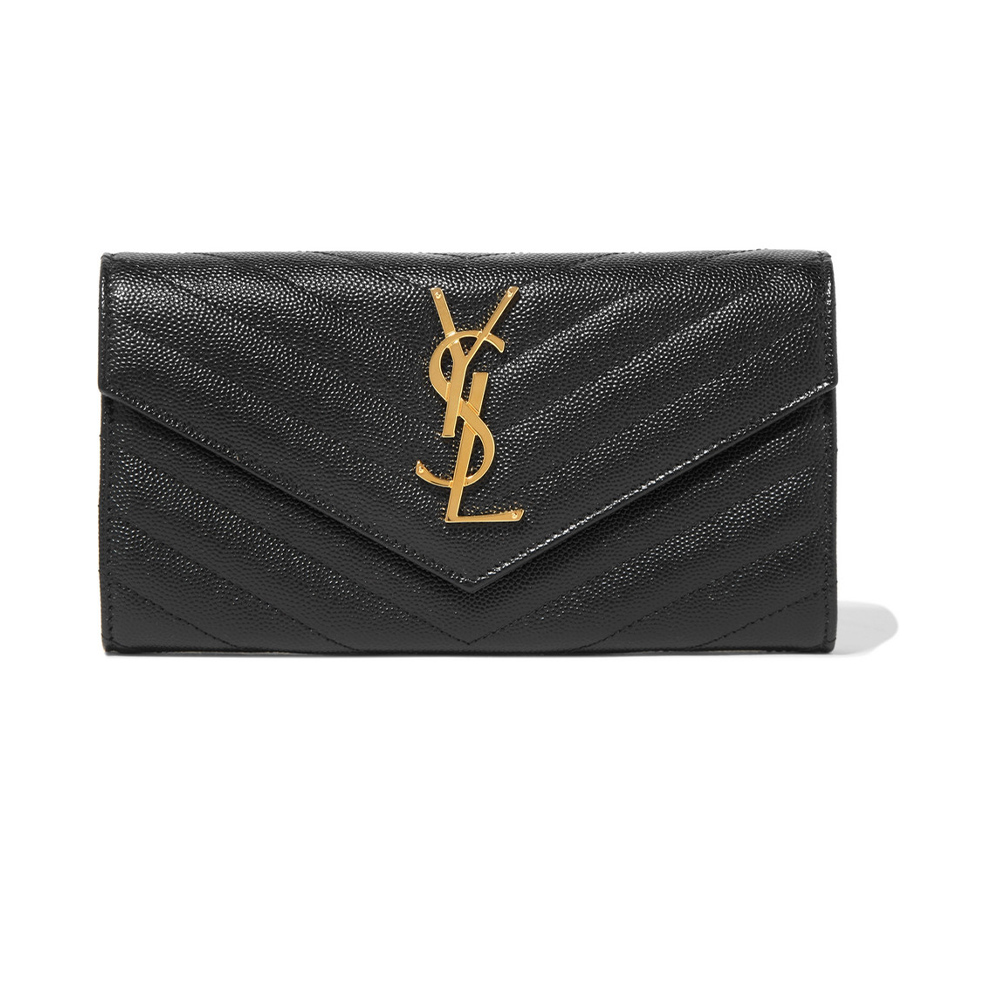 YSL 聖羅蘭 MONOGRAM系列V字縫線魚子醬牛皮金屬LOGO暗釦長夾/手拿包