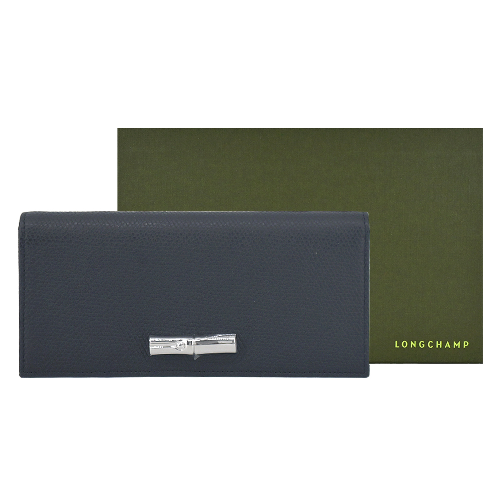 Longchamp LE ROSEAU系列竹節牛皮簡約翻蓋長夾(黑)