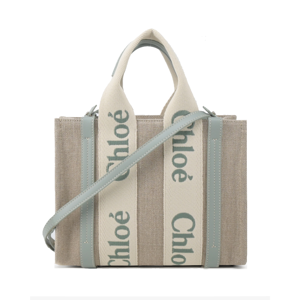 CHLOE 蔻依 Woody tote bag 新款帆布兩用托特包(小號/藍綠)