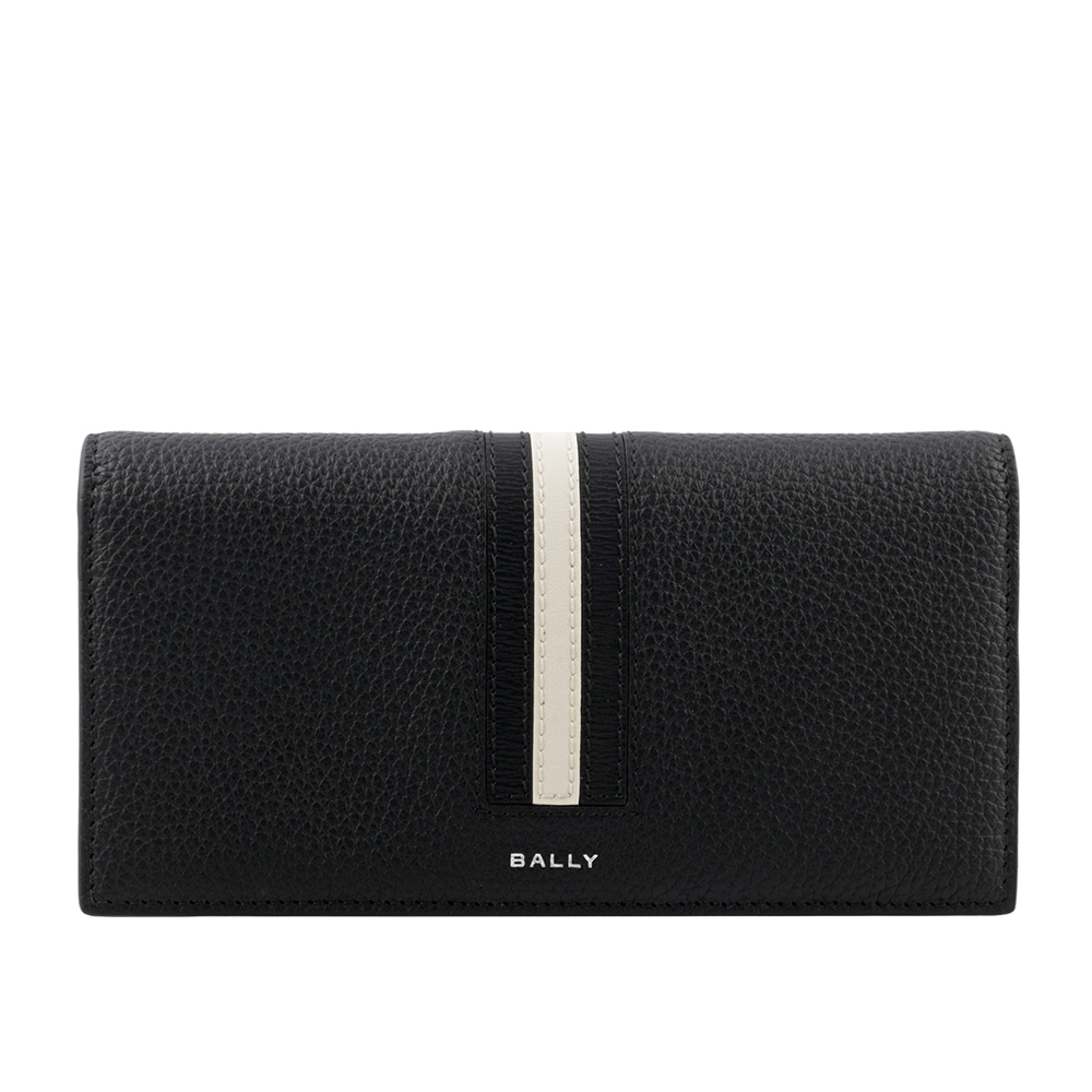 BALLY Ribbon 黑白條紋牛皮對開長夾(黑色)