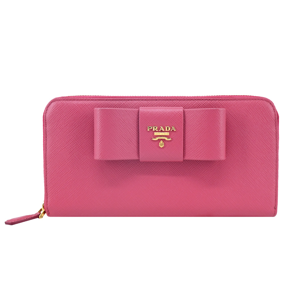 PRADA 普拉達 Around 金字LOGO蝴蝶結防刮牛皮拉鍊長夾(粉色)