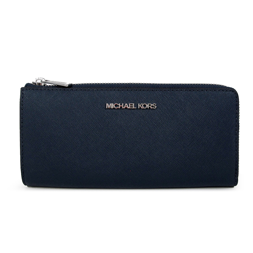Michael Kors JET SET TRAVEL 銀字LOGO海軍藍色防刮皮革L型拉鍊長夾