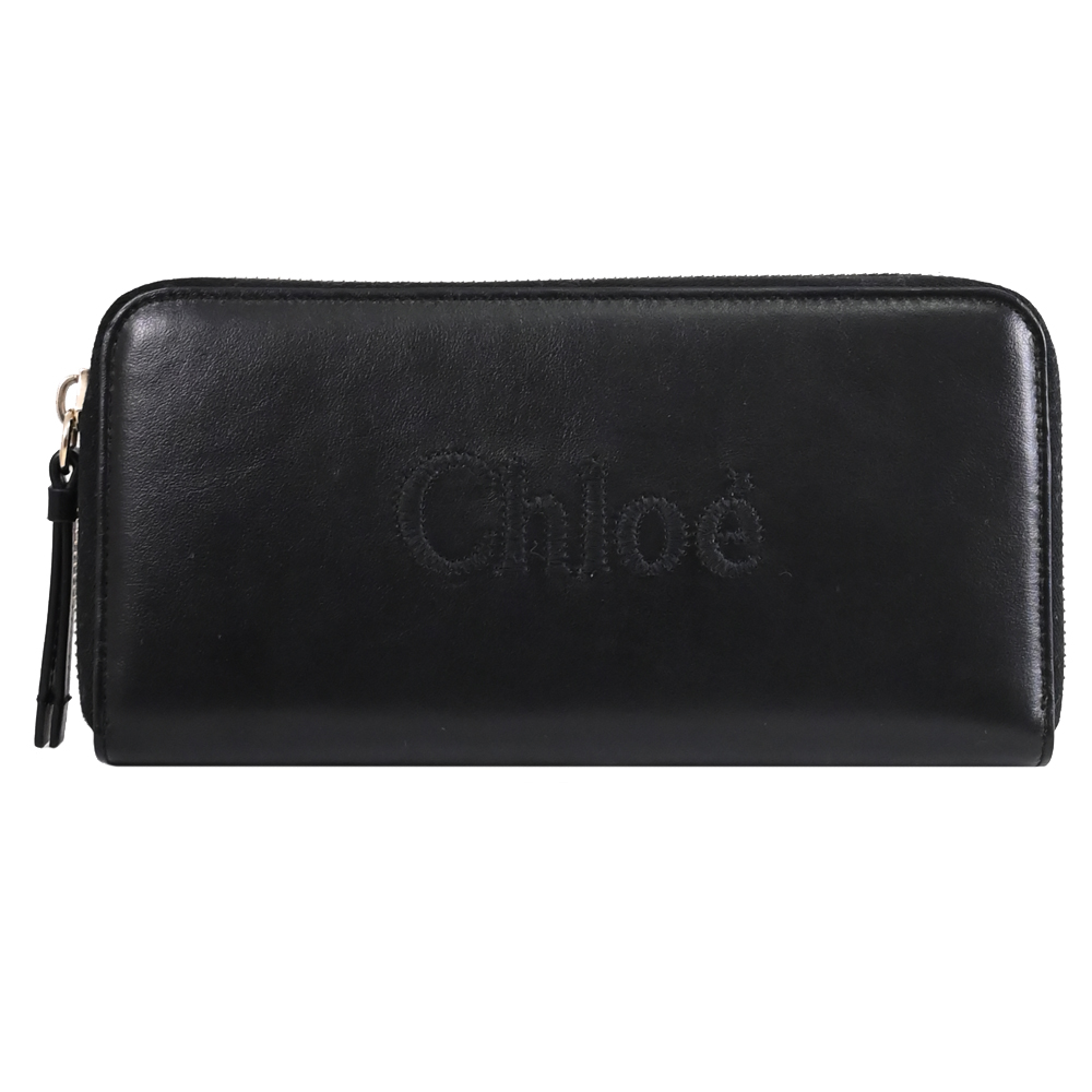 CHLOE 蔻依 SENSE 品牌電繡LOGO小牛皮拉鍊長夾.黑