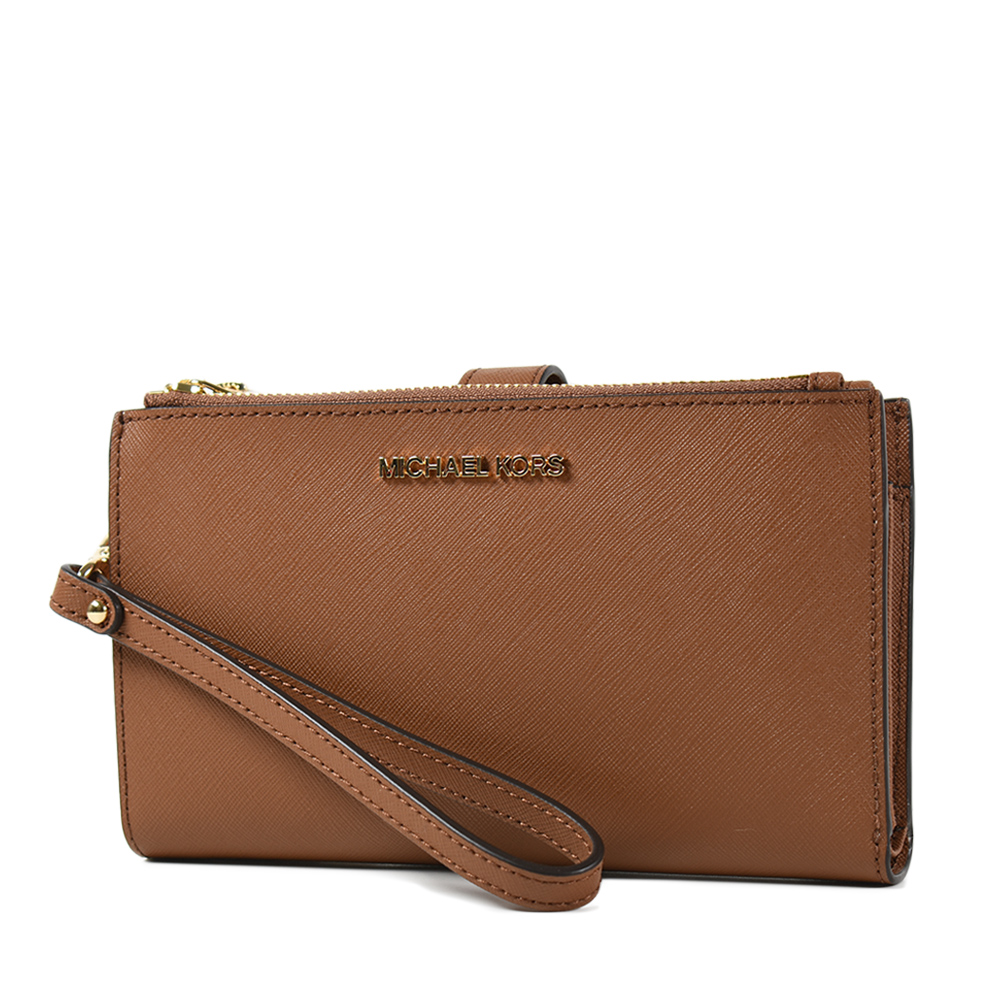 Michael Kors 金字小LOGO防刮皮革對折釦式手掛手拿/手機包-焦糖色-特