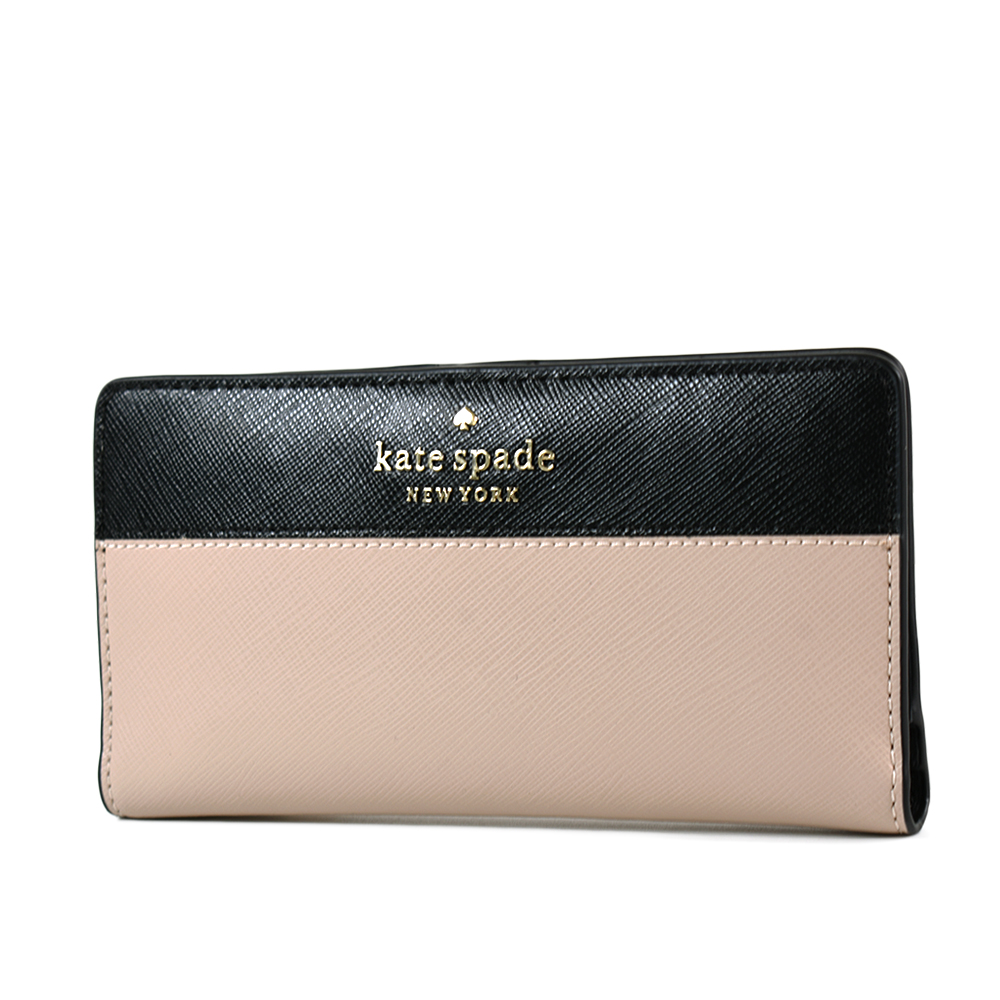 Kate Spade 銀字防刮十字紋拚色釦式長夾-黑/杏-特