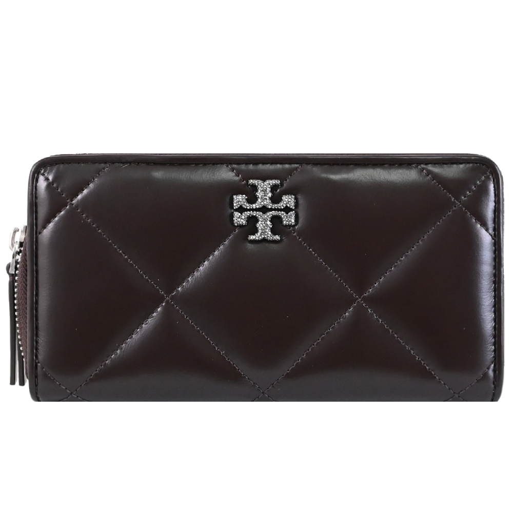 TORY BURCH 水鑽LOGO菱格絎縫拉鍊長夾.深棕