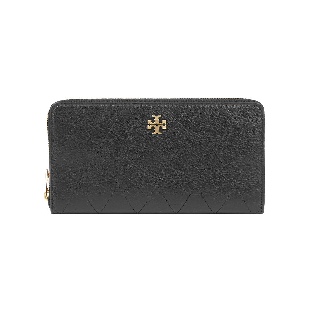 TORY BURCH Charlie 金釦粒紋皮革ㄇ形拉鍊長夾(黑色)