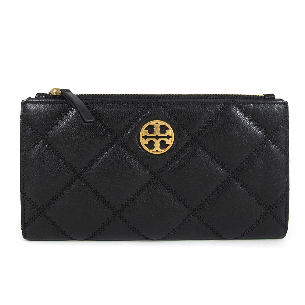 TORY BURCH WILLA 金屬圓標LOGO黑色刷舊绗縫皮革長夾