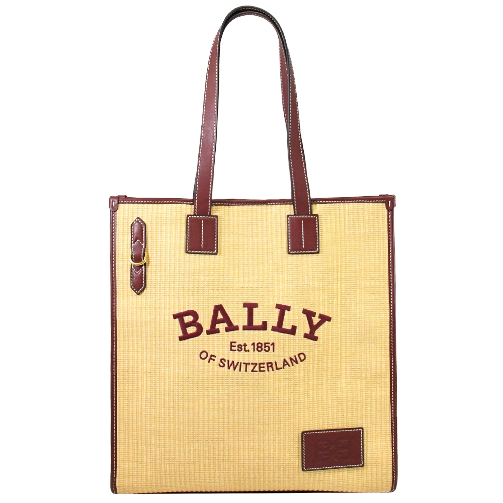 BALLY CRYSTALIA 草編拼接肩背托特包.酒紅邊