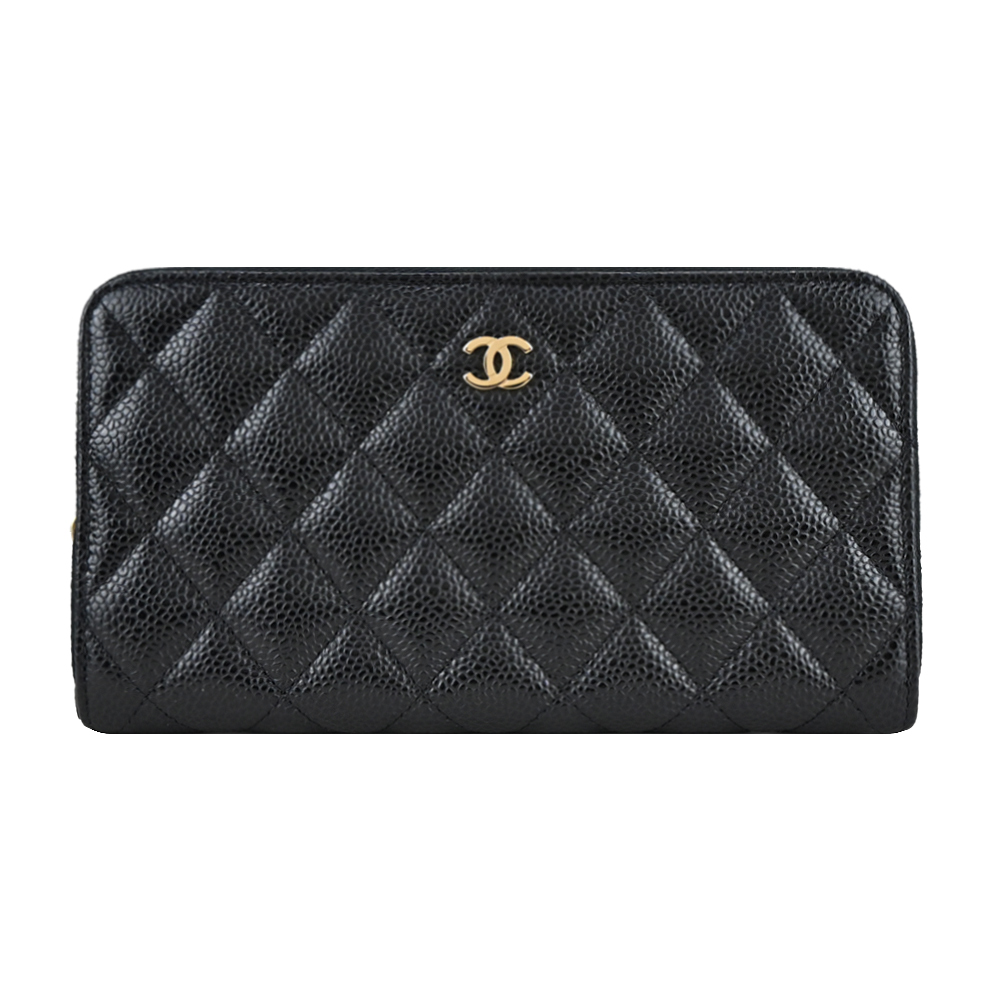 CHANEL 香奈兒 經典金色雙C LOGO菱格粒紋小牛皮拉鍊長夾 (黑色)