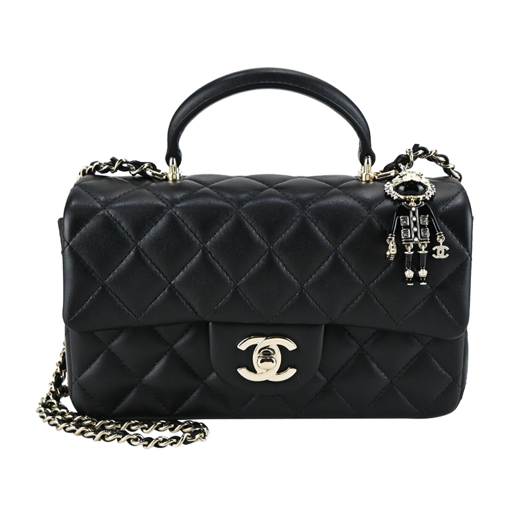 CHANEL 香奈兒 經典 MINI FLAP BAG HANDLE吊飾 菱格V字縫線小羊皮兩用包(黑色)