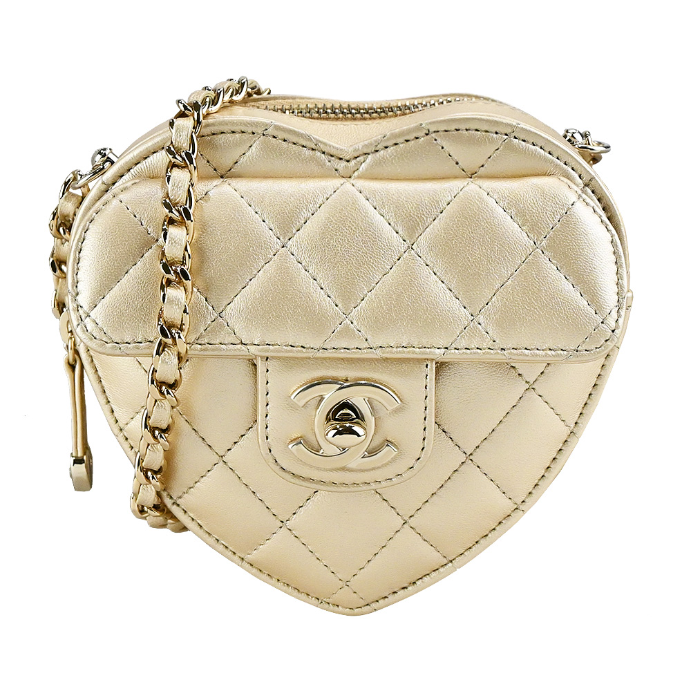 CHANEL 香奈兒 CHANE新款金釦LOGO菱格紋小羊皮鏈帶愛心肩背包 (金色)