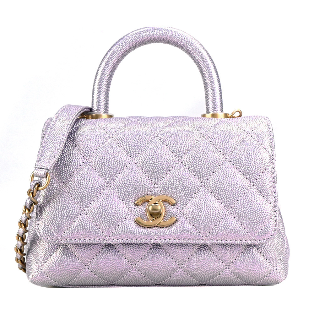 CHANEL 香奈兒 經典MINI COCO HANDLE 菱格V字縫線小牛皮兩用包(粉紫)