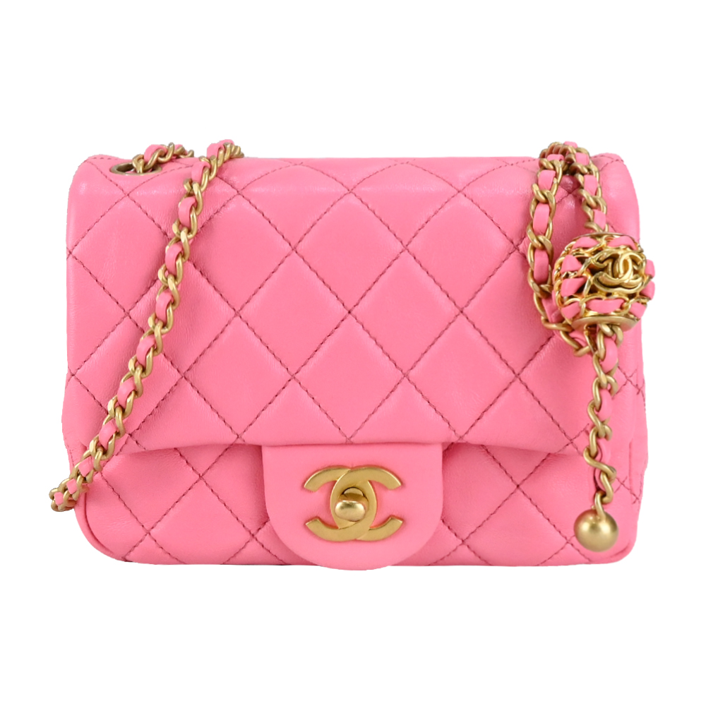 CHANEL 香奈兒 經典菱格紋小羊皮金球金釦鏈帶翻蓋斜背包(粉色)