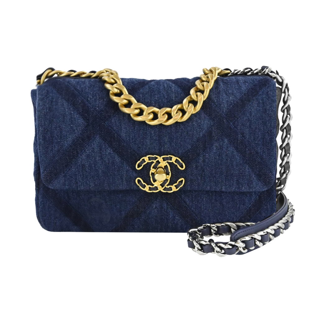 CHANEL 香奈兒 經典19 牛仔帆布翻蓋雙色鏈袋手提斜背包(深藍)