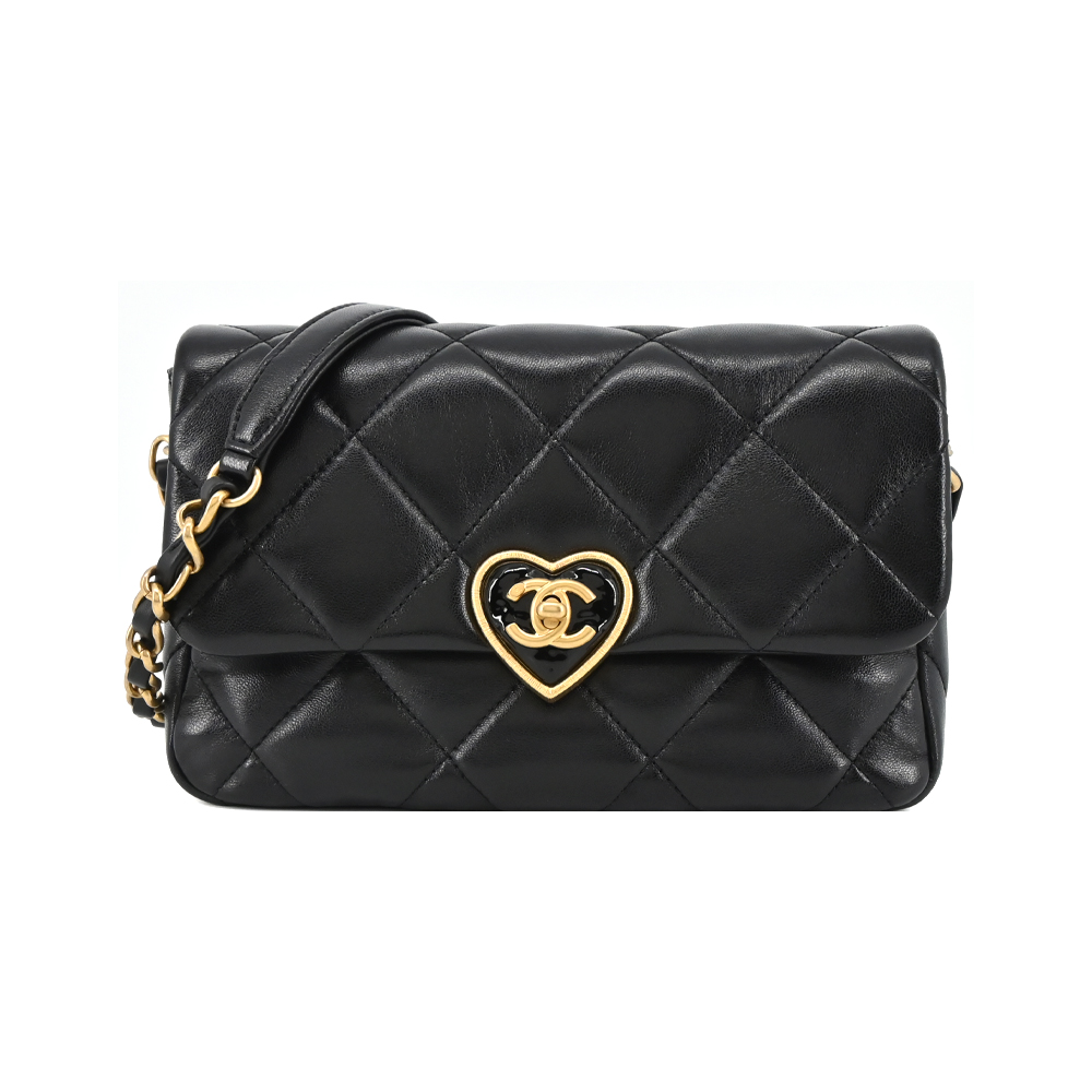CHANEL 香奈兒 Flap Bag經典LOGO愛心鎖扣小羊皮斜/肩背包(黑色)