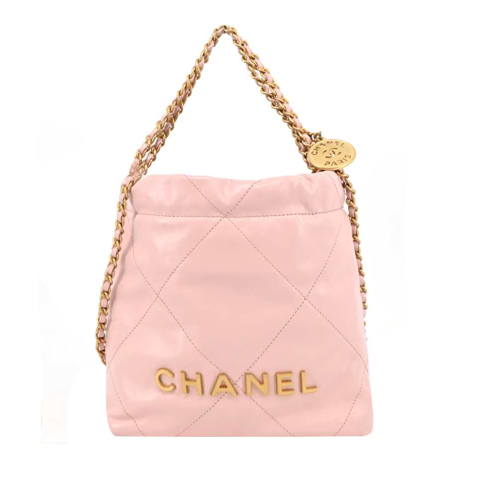 CHANEL 香奈兒 22 Mini Handbag菱格紋縫線亮面小牛皮肩背包(玫瑰粉)