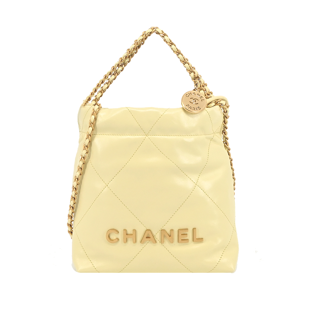 CHANEL 香奈兒 22 Mini Handbag菱格紋縫線亮面小牛皮肩背包(象牙黃)