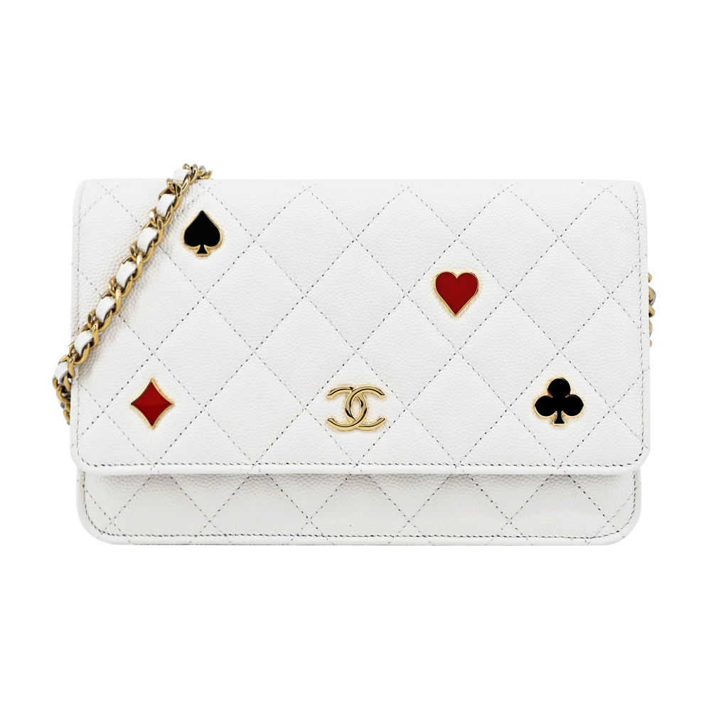 CHANEL 香奈兒 新款度假系列經典LOGO 菱格紋小牛皮WOC手拿/斜背包(白色)