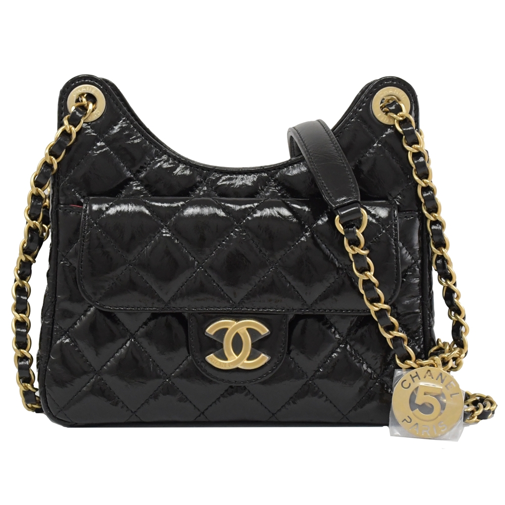 CHANEL 香奈兒  Hobo Bag 菱格小牛皮肩/斜背小號流浪包.黑