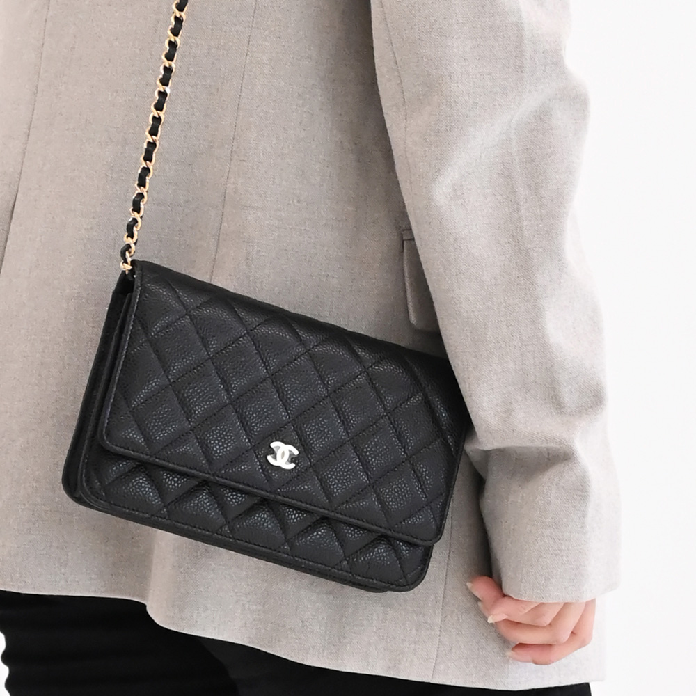 CHANEL 香奈兒 新版WOC菱格紋荔枝牛皮三用金鍊包.黑