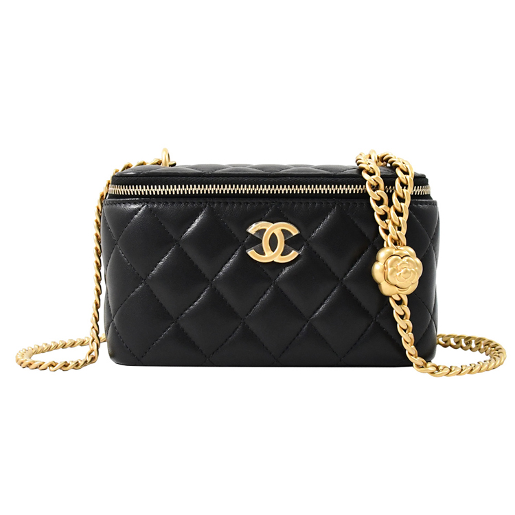 CHANEL 香奈兒 新版山茶花金球迷你斜背金鍊包.黑/金