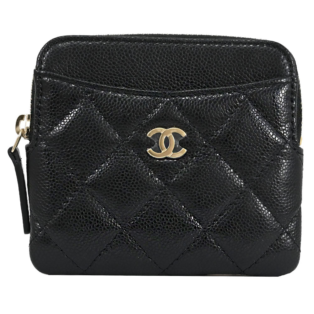 CHANEL 香奈兒 雙C LOGO小牛皮5卡拉鍊零錢包.黑/淡金