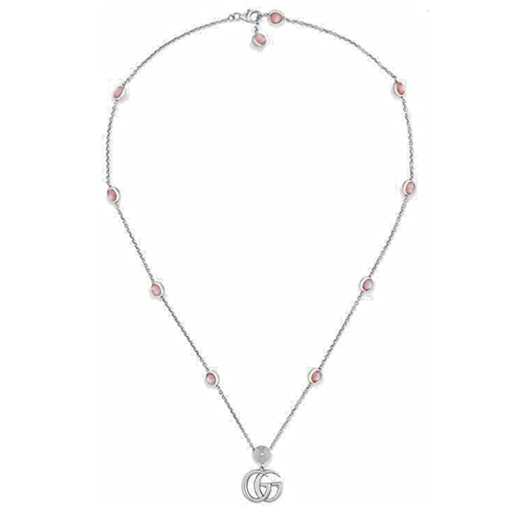 GUCCI 古馳 雙G鎖骨鍊 粉紅珍珠母貝 925純銀