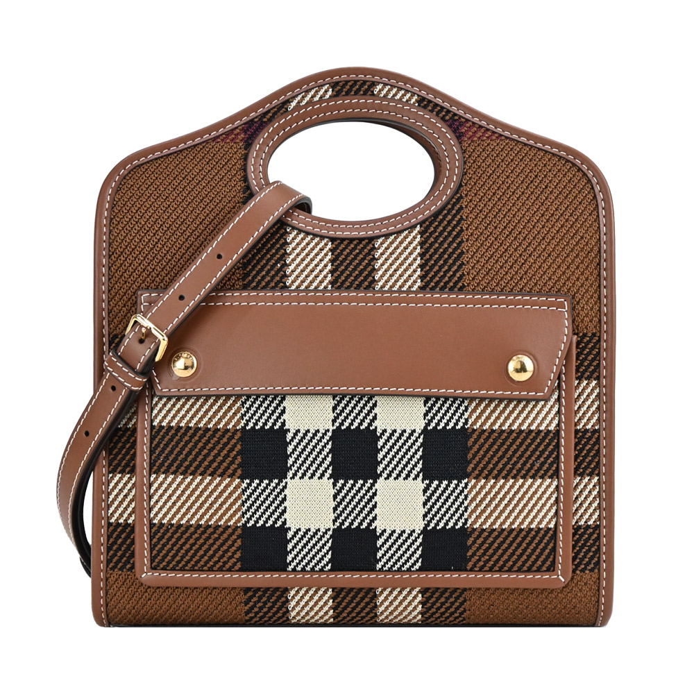 BURBERRY 巴寶莉 Horseferry系列經典格紋帆布Pocket手提/斜背包(棕色/迷你)